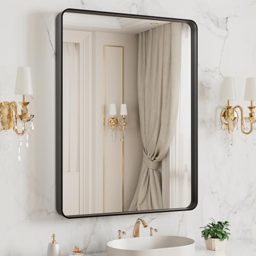 LOAAO 20X16 Inch Black Bathroom Mirror Metal Framed | Matte Black, Rounded Rectangle, Anti-Rust, Hangs Horizontally or Vertically - color: Black, size: 20"L x 16"W