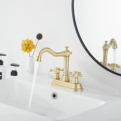 Bathroom Faucet Brushed Gold GGStudy 2 Handles 4 Inches Centerset Bathroom Vanity with Drain Assembly and Supply Hose Lavatory Mixer Double Handle Tap - color: Brushed Gold, style: Metal Cover