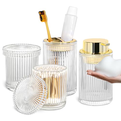 Clear Glass Bathroom Accessories Set, 4pcs Bathroom Accessory Set, Foaming Soap Dispenser,Toothbrush Holder and 2pcs Qtip Holder with Lid, Bathroom Modern Ribbed Jars Organizer for Decor - color: Clear