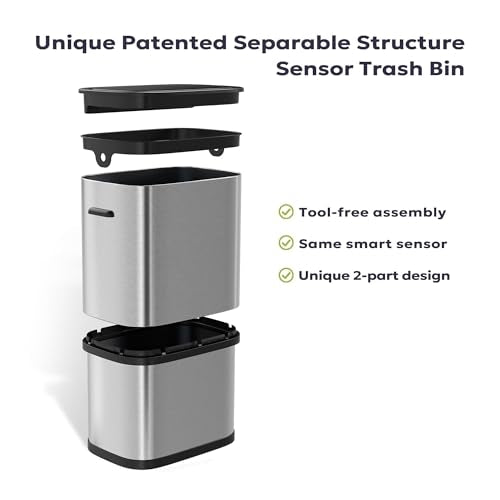 Furnify 16 Gallon / 60L Kitchen Trash Can, Motion Sensor Trash Bin with Lid | Large Capacity Touchless Garbage Waste Bin, Waterproof Brushed Trash Bin, Trash Can for Kitchen Bedroom Bathroom - color: Silver