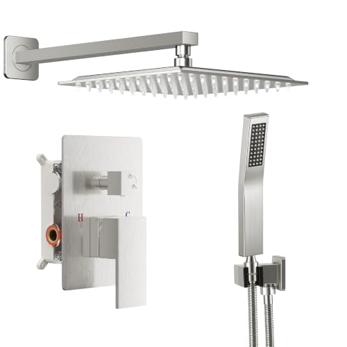 NEWBULIG Shower Faucet Set, Square Rainfall Shower Head and Handle Set with Valve Trim Kit,10.5 Inch Head, Brushed Nickel