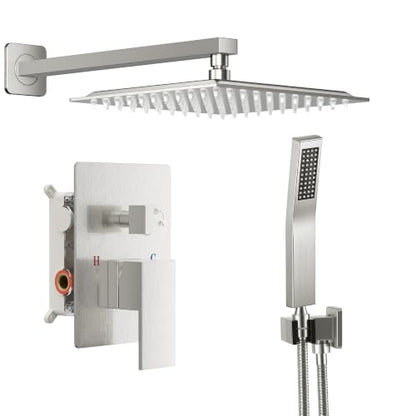 NEWBULIG Shower Faucet Set, Square Rainfall Shower Head and Handle Set with Valve Trim Kit,10.5 Inch Head, Brushed Nickel