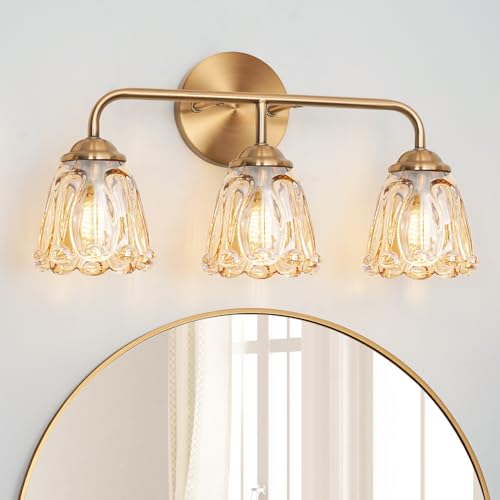 Daunton Vintage 3 Light Vanity Light, Gold Bathroom Vanity Light, Bathroom Light Fixtures with AmberGlass Shade, Antique Vanity Light Fixtures Over Mirror, Wall Sconce for Bedroom, Living Room - color: Amber, size: 18.1in