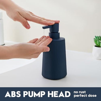 Small Soap Dispenser for Bathroom and Kitchen Matte Blue | Modern Farmhouse Striped Style Plastic Hand Soap Dish Soap Dispenser with Pump - color: Navy Blue