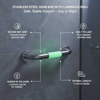 Stainless Steel Shower Grab Bar with Luminous Ring, Textured Non-Slip Bathroom Rail, 11.8 Inch White