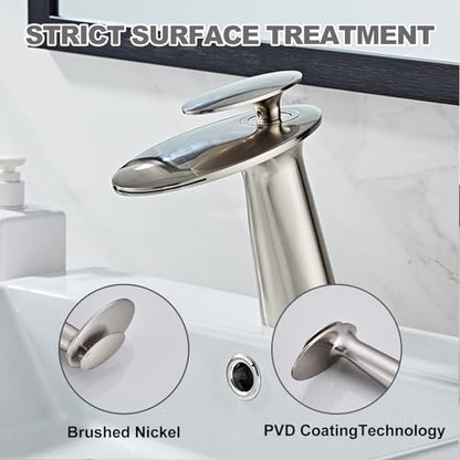 Brushed Nickel Waterfall Bathroom Sink Faucet and Pop Up Drain - color: Brushed Nickel, size: Short Body