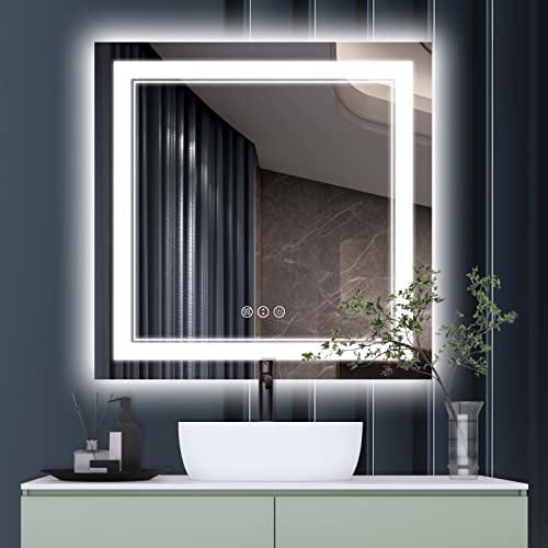 36x36 Inch LED Mirror for Bathroom | Front and Backlit, 3 Colors, Dimmable, Memory, Anti Fog, Shatterproof, Horizontal/Vertical, Lighted Mirrors for Bathroom Wall - color: Dual Lights, size: 36"L x 36"W