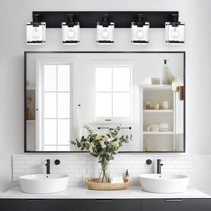5-Light Modern Vanity Lighting, Black Bathroom Light Fixture Over Mirror with Rectangular Clear Glass,E26 Bulb Base - color: Black, Clear Glass, size: 5-Lights