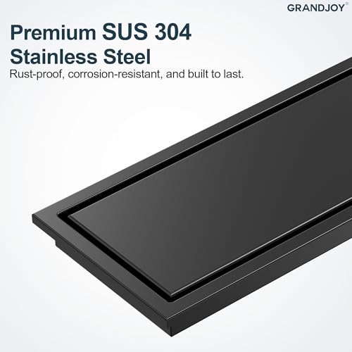 12-Inch Linear Shower Drain, Matte Black SUS304 Stainless Steel with 2-in-1 Tile Insert Cover & Flat Grate, High Flow Floor Drainer with Hair Strainer, Adjustable Feet - color: Matte Black, size: 12