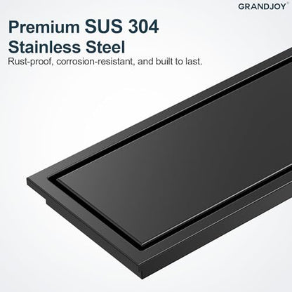 12-Inch Linear Shower Drain, Matte Black SUS304 Stainless Steel with 2-in-1 Tile Insert Cover & Flat Grate, High Flow Floor Drainer with Hair Strainer, Adjustable Feet - color: Matte Black, size: 12