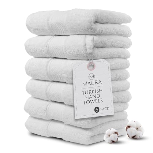 MAURA White Hand Towels for Bathroom. Luxury Turkish Cotton Bath Hand Towels Set of 6. Ultra-Soft, Thick & Plush - White - color: White, size: Hand Towel (6-Pack)