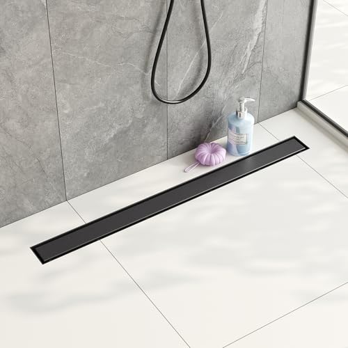 Neodrain 32" Shiny Black Linear Shower Drain,2-in-1 Flat& Tile Insert Cover | 304 Stainless Steel,Fast Drainage, Durable,Rectangle Shower Floor Drain with Adjustable Feet,Hair Strainer,Fits Bathrooms - color: Shiny Black, size: 32 In