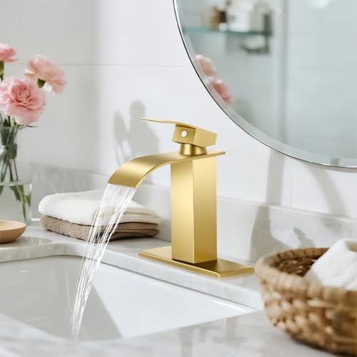 Brushed Gold Bathroom Faucets, Waterfall Bathroom Sink Faucet | Single Handle, Stainless Steel, Vanity Faucet with Deck Plate, Pop-up Drain, For 1 or 3 Hole, RV, Farmhouse - color: A-Brushed Gold