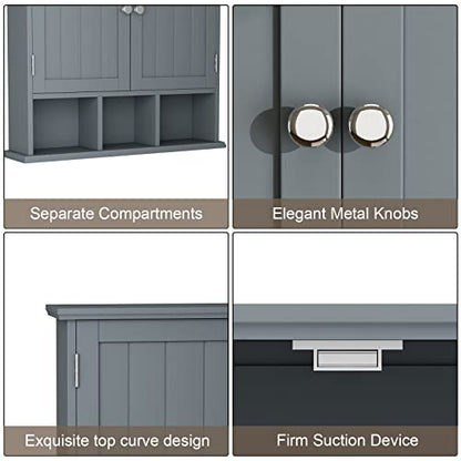 ChooChoo Bathroom Wall Cabinet with Adjustable Shelves,Grey | Wall Mounted,2-Door,3 Open Shelves,Medicine Cabinets,Space Saver Storage,Over The Toilet,Bathroom,Living Room - color: Grey