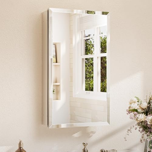 TETOTE 15 x 26 Bathroom Mirror with Storage with Tempered Beveled Mirror Silver Medicine Cabinet Aluminum Cabinet DTC Hinges, Stepless Adjustable Shelves, Recessed/Surface-Mounted - color: Silver, size: 26"L x 15"W