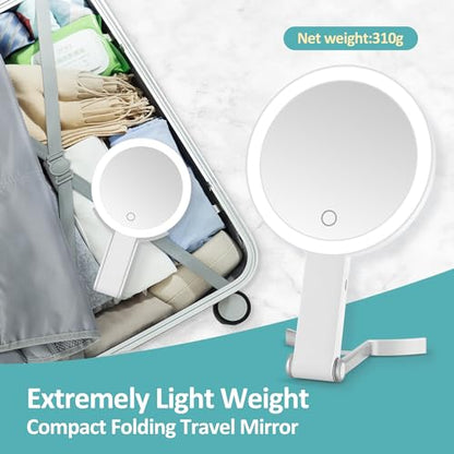 30x/1x Magnifying Travel Mirror with Light, Double-Sided Rechargeable Adjustable Brightness 3 Colour Lighting, Folding, Handheld/Hangable/Tabletop, 3 Ways Using Mirror, White - color: White-travel