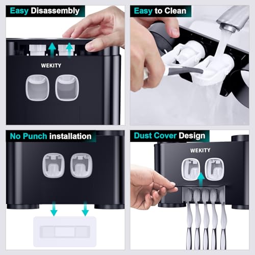 Toothbrush Holder,Multi-Functional Wall Mounted Toothbrush Holder,Toothpaste Dispenser for Bathroom with 2 Toothpaste Squeezers,5 Toothbrush Slots and 4 Cups(Black) - color: Black