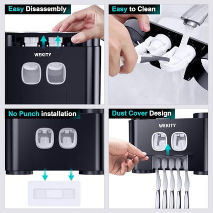 Toothbrush Holder,Multi-Functional Wall Mounted Toothbrush Holder,Toothpaste Dispenser for Bathroom with 2 Toothpaste Squeezers,5 Toothbrush Slots and 4 Cups(Black) - color: Black