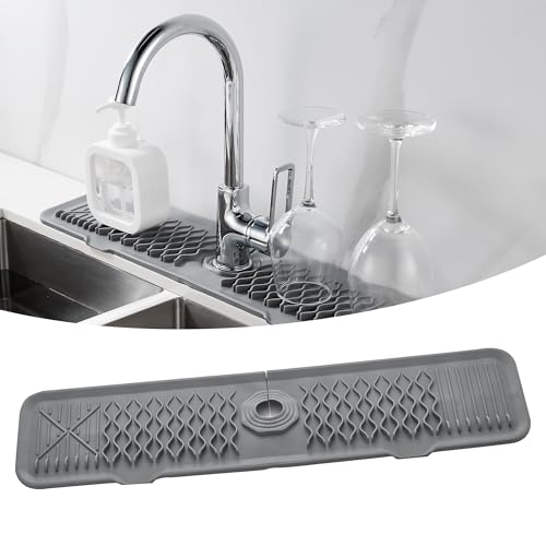 24inch Silicone Splash Guard Kitchen Sink Gray Dish Drying Mats Non-Slip | Sponge Holder Bathroom Countertop Protect Kitchen Sink Splatter Screen Faucet Air Drying Mat Drip Catcher Tray - color: Gray