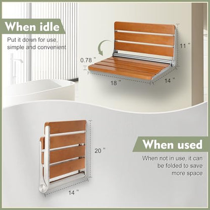 18" Folding Shower Seat Wall Mounted, Home Care Wood Bench for Inside Shower
