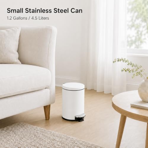 TIPGO Small Bathroom Trash Can with Lid Soft Close, 1.2 Gal, White | Hands-Free Step Pedal, Removable Inner Bucket, 4.5 Liters, Round Stainless Steel Garbage Can for Bedroom, Office, Kitchen - color: White