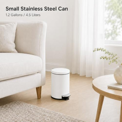 TIPGO Small Bathroom Trash Can with Lid Soft Close, 1.2 Gal, White | Hands-Free Step Pedal, Removable Inner Bucket, 4.5 Liters, Round Stainless Steel Garbage Can for Bedroom, Office, Kitchen - color: White