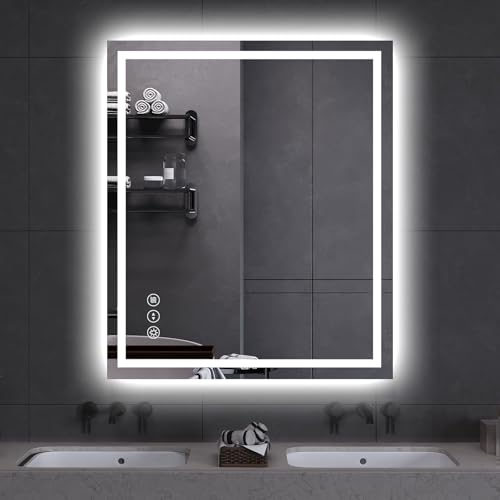 LED Bathroom Mirror 36x30 Inch Anti-Fog Bathroom Mirror with Lights, Wall Mounted Lighted Vanity Mirrors, Dimmable, Backlit + Front Lit, Smart Bathroom Vanity Mirror with 3 Colors Temperature - size: 36"L x 30"W