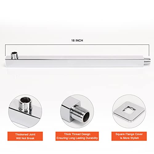 Shower Head with Extension Arm, High Pressure Square with ShowerArm, Stainless Steel Rainfall -Waterfall Full Body Coverage (10'' Shower with 16'' Arm, Chrome) - color: Chrome, size: 10'' Shower with 16'' Arm