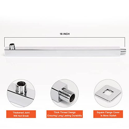 Shower Head with Extension Arm, High Pressure Square with ShowerArm, Stainless Steel Rainfall -Waterfall Full Body Coverage (10'' Shower with 16'' Arm, Chrome) - color: Chrome, size: 10'' Shower with 16'' Arm