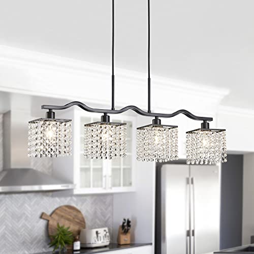 WUZUPS Crystal Chandelier 4-Light Linear Raindrop Pendant Ceiling Light Modern Lighting Fixture for Bedroom Dinning Room Bar Kitchen Island, H8.7'' W4.7'' L30.5, E12 Base, Black - color: Black Pendnat Light