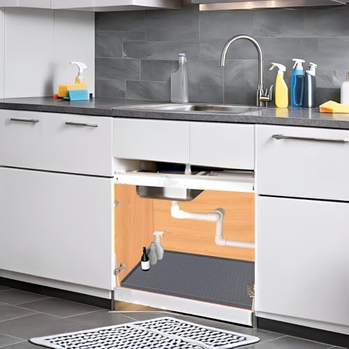 Under Sink Mat 31 x 19, Silicone Under Sink Liner for Kitchen Waterproof Bathroom Cabinet Mat, Grey - color: Gray, size: 19"W x 31"L