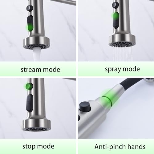 Wall Mount Faucet 8"" Center, High Arc Kitchen Sink Tap, Grifos De Cocina | 304 Stainless Steel Constructed, Pull Down Sprayer, Brushed Nickel, Rotatable, 3-Function Sprayer - color: Style B, Right Handle