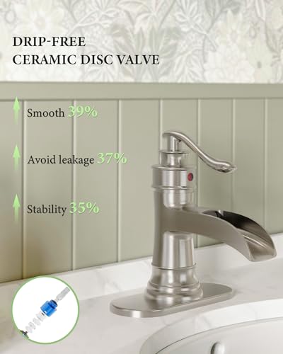 Homevacious Bathroom Faucet Brushed Nickel Waterfall Bathroom Sink Faucets | Single Handle Rustic Vanity Farmhouse RV Faucet Suitable for 1 or 3 Holes with Pop-up Drain Deck Plate Hose by Homevacious - color: Brushed Nickel