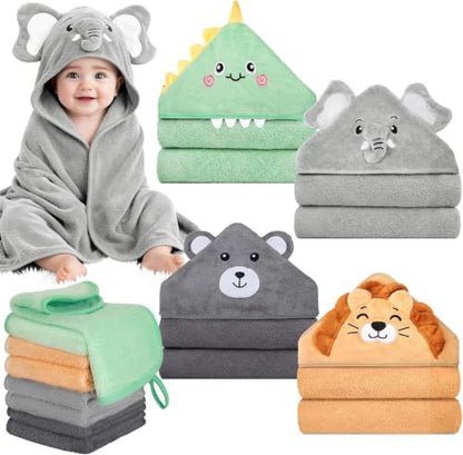 12 PCS Baby Bath Towels Set, Baby Towels for Newborn Bath Essentials | Ultra Soft Cozy, Thick & Absorbent, Cute Animal Hooded, 4 PCS Baby Towels & 8 PCS Washcloths, for Infants, Toddlers Boy Girl