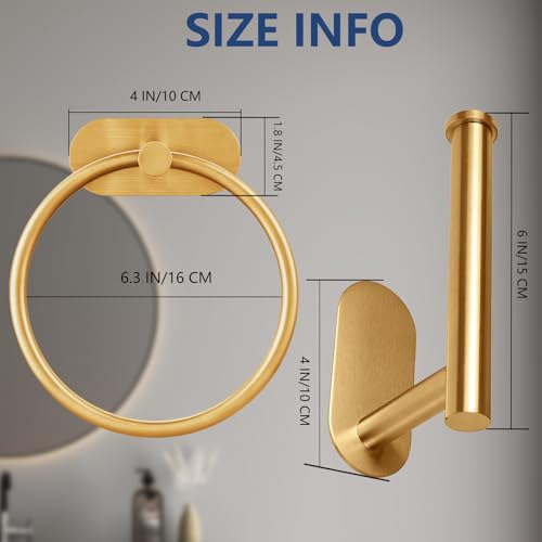 Self Adhesive Towel Ring and Toilet Paper Holder, No Drilling Stainless Steel Bathroom Hardware Set, Sturdy Bathroom Accessories for Home or Kitchen, Wall Mounted (Gold) - color: Brushed Gold