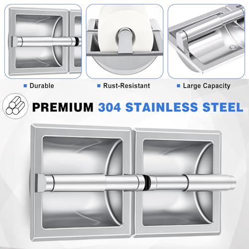 Recessed Toilet Paper Holder, Double Roll Wall Mounted Toilet Tissue Dispenser, 304 Stainless Steel Bathroom Storage Built-in Space Saving for Modern Commercial Restrooms