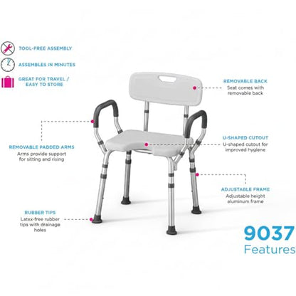 NOVA Bath & Shower Seat w/U-Shaped Hygienic Cutout & Padded/Removable Arms & Back - for Seniors, Handicap & Medical Use, Adjustable Height, Aluminum Frame, Non-Skid Safety, Tool-Free, 300lb Capacity