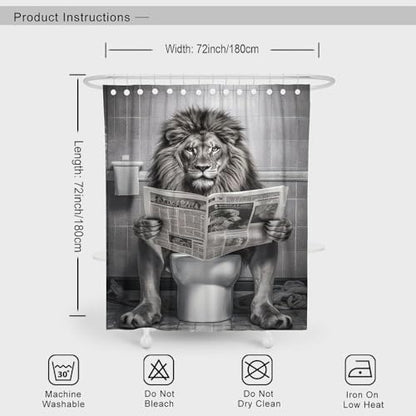 Funny Lion Shower Curtain, Funcy Humor Leo Animal on Toilet Shower Curtains Set, Black and White Shower Curtains, Large Cat Bathroom Curtain with Hooks 60x72 inch - color: White Black, size: 60"W x 72"L (Pack of 1)