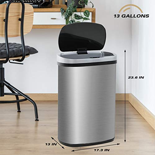 FDW | 13 Gallon Stainless Steel Trash Can with Lid | Silver | Automatic Touchless Lid with Motion Sensor | Kitchen Garbage Can with Waterproof Design | for Home, Office, Bathroom - color: Silver, style: Stainless Steel