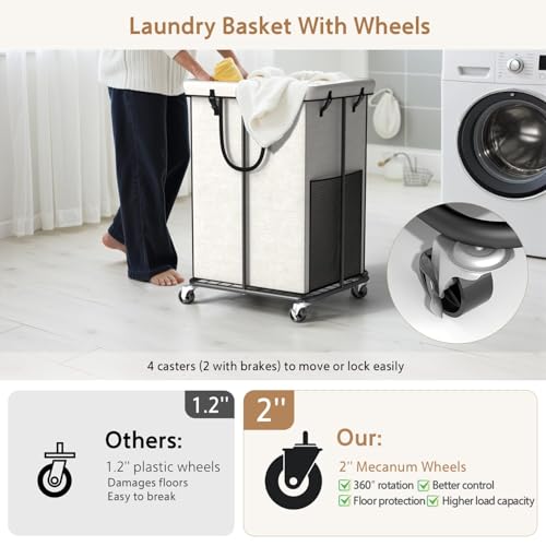 150L Large Laundry Basket with Wheels, Rolling Laundry Hamper | Removable Laundry Bag & Metal Frame, Oxford Fabric Dirty Clothes Hampers for Bedroom, Laundry Room, Bathroom, Dorm(White) - color: White