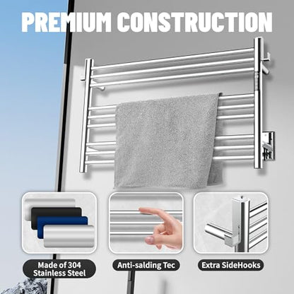K&KALONZO Wall-Mounted 9-Bar Heated Towel Rack, Fast Heat in 2 Min, NTC Safety | 4 Timers & 3 Heat Levels Control, Plug-In/Hardwired, Top Hooks, Memory Function, Anti-Scald, Stainless Steel, EL13MP - color: Polished, size: H 19.7 x W 31.5