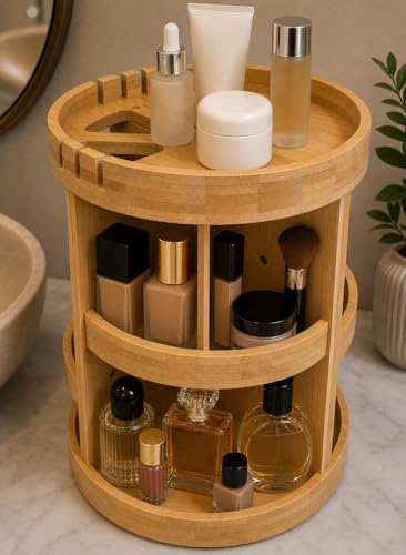 Bamboo Rotating Makeup Organizer with Adjustable Shelves - Round, Multipurpose Storage 360° Carousel for Vanity, Bathroom, Kitchen Countertop, Bedroom, Desk