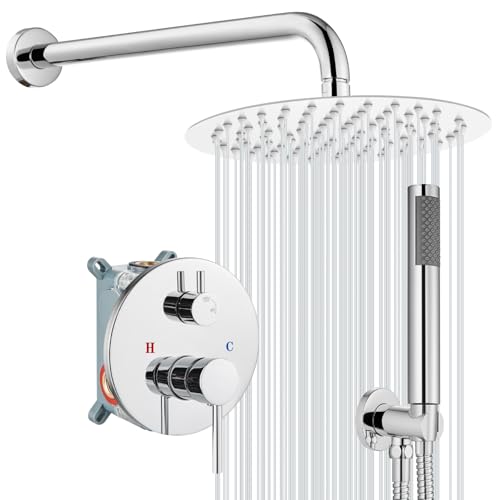 gotonovo Shower Faucet Set with Rough-in Valve Trim Kit,Polish Chrome | 10 Inch Round Rain Showerhead with Handheld Spray,Bathroom Wall Mount Shower System Complete Combo,2-in-1 Diverter,All Metal - color: Chrome