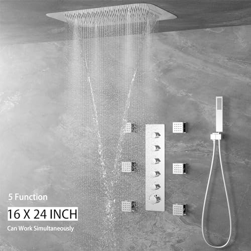 16 X 24 inch Shower Faucet Set Complete Multifunctional Shower System With 3 Function Ceiling Rainfall Shower Head Thermostatic Mixer Valve Shower Body Jet And High Pressure Handheld, Chrome - color: Chrome