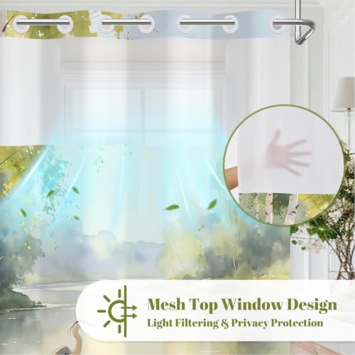 Nature Landscape Shower Curtain with Snap in Liner, 71x74 Inch | No Hooks Needed & Mesh Top, Double Layer Waterproof, Heron Bird & Birch Tree Lake Greenery Scenery Design for Rustic Bathroom - color: Crane & Landscape