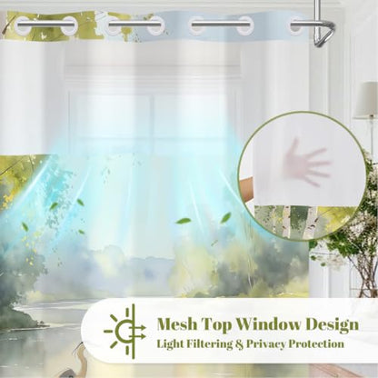 Nature Landscape Shower Curtain with Snap in Liner, 71x74 Inch | No Hooks Needed & Mesh Top, Double Layer Waterproof, Heron Bird & Birch Tree Lake Greenery Scenery Design for Rustic Bathroom - color: Crane & Landscape