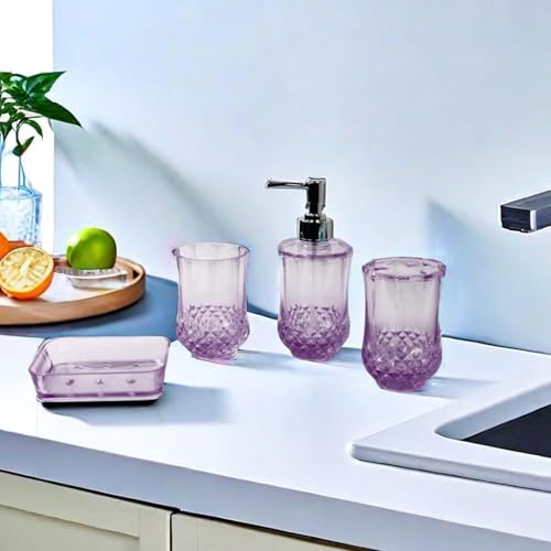 4 Pieces Toothbrush Holder Soap Dispenser Apartment Essentials Acrylic Soap Dish Bathroom Accessories Set for Countertop, Purple