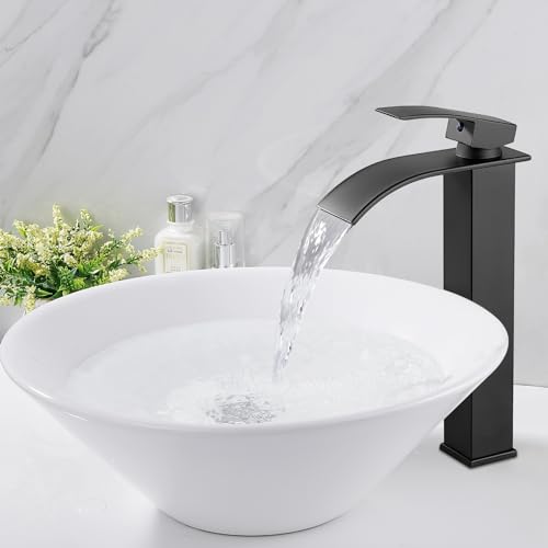 Midanya Waterfall Tall Bathroom Vessel Sink Faucet,Matte Black | with 24” cUPC Water Hoses,Pop Up Drain without Overflow,for 1 hole Vanity,RV,Lavatory,Bowl,Farmhouse,SUS304,Single Handle - color: Black