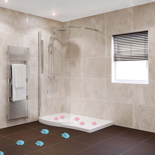 12 Pcs Blue and Pink Bathtub Stickers Non Slip | Shell Shaped, Safety Shower Treads, Adhesive, For Bathroom Bathtub & Shower Floor - color: Blue and Pink