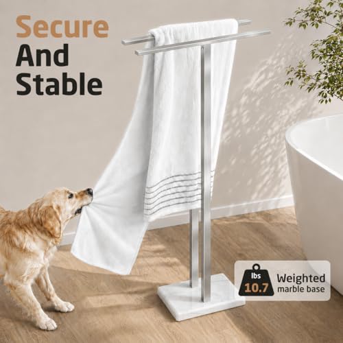 KES 43'' H Standing Towel Rack for Bathroom, Weighted Marble Base | Fits Large Bath Sheet, Freestanding Floor, 2-Tier, Outdoor, Extra High, Thick 18/8 Stainless Steel Brushed Finish, BTH232-2